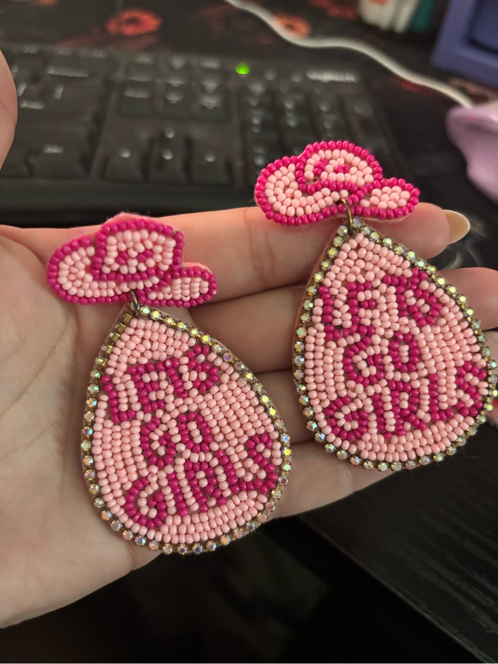 Pink Beaded 'Lets Go Girls' Teardrop Kids Earrings